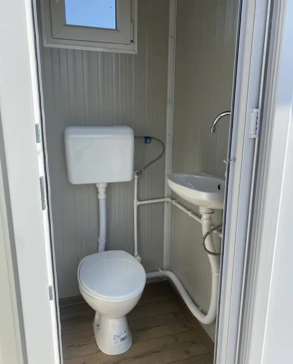 White flushing cabin interior with toilet and wall sink